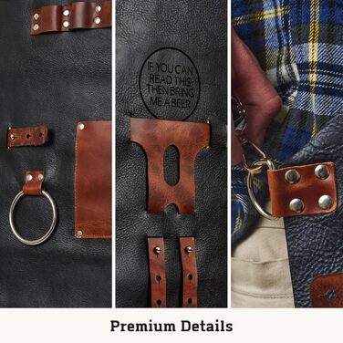 Чорний шкіряний фартух для гриля з тримачем для пива, BBQ фартух для майстра гриля - міцний, з кишенями, регульовані бретельки