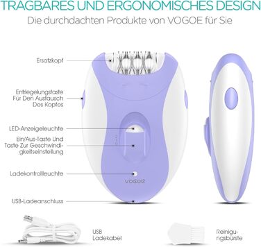 Жіночий епілятор VOGOE 4-в-1 бездротовий, 21 пінцет для обличчя, ніг, рук, бікіні, фіолетовий HR310