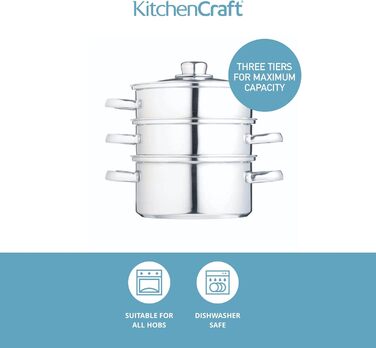 Набір каструль KitchenCraft 3 яруси, індукційний, нержавіюча сталь, 16 см, срібло, в подарунковій коробці