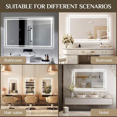 Дзеркало для ванної кімнати з підсвічуванням 80x60 см, LED дзеркало з 3 кольорами світла, регулюванням яскравості, захисне скло, сенсорне управління, функція пам'яті, запобігання запотіванню, для ванної кімнати