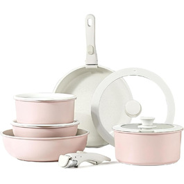 Набір кухонного посуду 11 предметів з антипригарним покриттям, знімні ручки, рожевий. Підходить для індукційних, газових плит, духовки та посудомийної машини. Без PFAS.