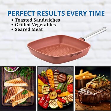 Сковорода-гриль Westinghouse PERFORMANCE SERIES 28 см з нержавіючої сталі, для індукції, грилю та всіх плит, з антипригарним покриттям, для духовки та мийки, алюміній (червоно-коричневий)