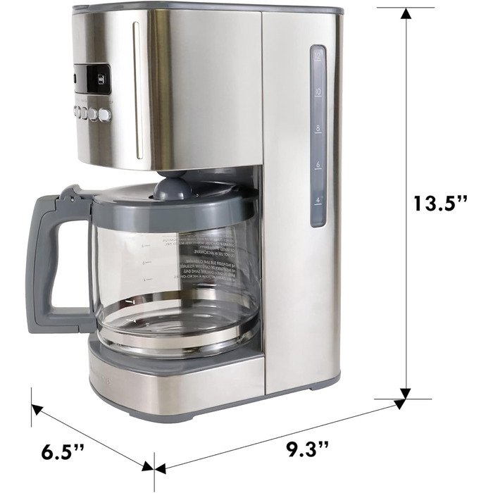 Кавоварка Koolatron Kenmore на 12 чашок, програмована кавоварка з фільтром 1.8 л крапельна кавоварка з технологією швидкого заварювання, цифровий дисплей, таймер, скляний графин, безпечна посудомийна машина, нержавіюча сталь, срібло