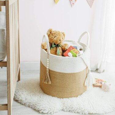 Кошик для білизни Mkono з натурального сизалю, плетений декоративний кошик для зберігання речей, жовто-білий, 40.6 x 35 см