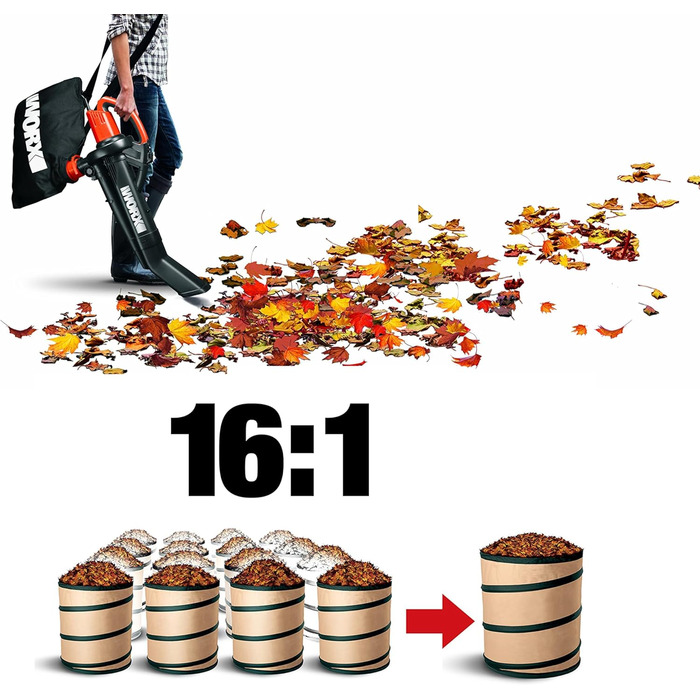 WORX WG505E: Електричний повітродув та пилосос для листя 3000W – 3-в-1 (повітродув, пилосос, мульчер) з мішком 45л – швидкість 335 км/год, об'єм 600 м³/год