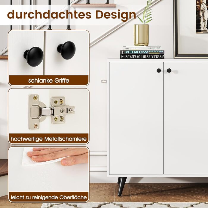 COSTWAY Комод-тумба з 4 дверцятами та 5 регульованими полицями, білий, 127,5 x 38 x 80 см. Підходить для вітальні, кухні, їдальні