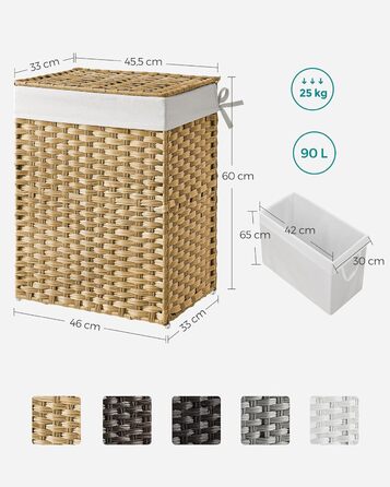 Кошик для білизни SONGMICS 90 л, ручне плетіння, синтетичний ротанг, кришка, ручки, складний, знімний мішок для білизни