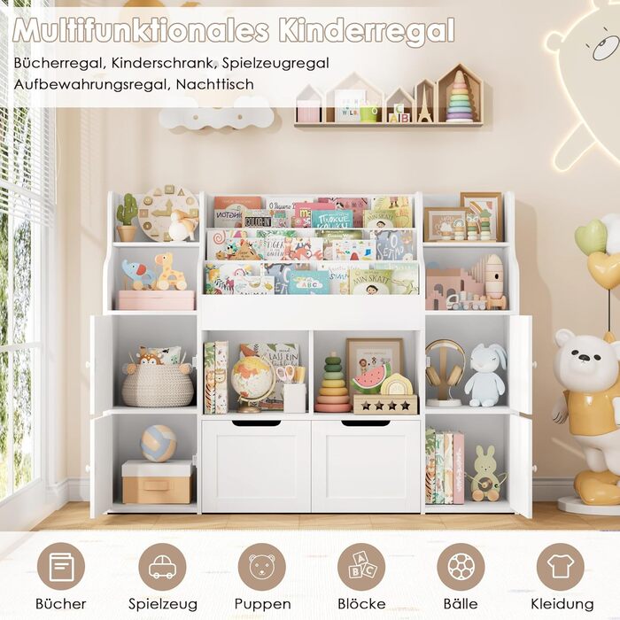 FOREHILL Дитяча полиця-стелаж для іграшок та книг, меблі для дитячої кімнати з ящиками, 122 x 30 x 100 см (білий)