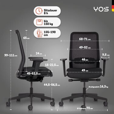 Офісний стілець YOS S5 з підтримкою спини та голови, до 150 кг, чорний. Зроблено в Німеччині