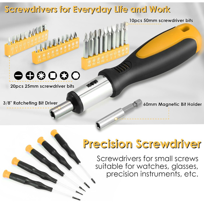 Набір інструментів TLGREEN 198 предметів в кейсі: побутові інструменти з тріскачкою, набір головок, викрутки, універсальний інструментальний набір (жовто-чорний)