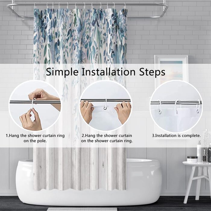 Шторка для душу 180x220 см, антигрибкова, з тропічним дизайном (пальмові листя, евкаліпт, гриби), водонепроникна, поліестер, для ванної кімнати, з 12 гачками (блакитна)