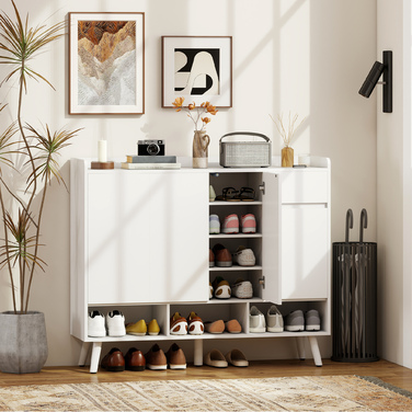 Шафа для взуття HOMCOM з безручковим дизайном, 4 дверцятами, 4 регульованими полицями, окремо стояча полиця для взуття на 5 дерев'яних ніжках, дерево, білий