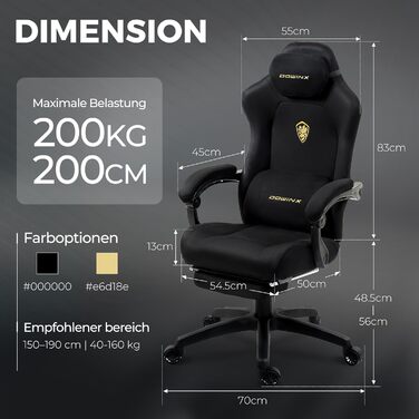 Ігровий крісло Dowinx з регульованою висотою масажного поперекового підпорки, ергономічний дизайн, м'яка мікрофібра велюр, посилене сидіння, підголівник та підніжка в комплекті, кут нахилу 155°, чорний/титан