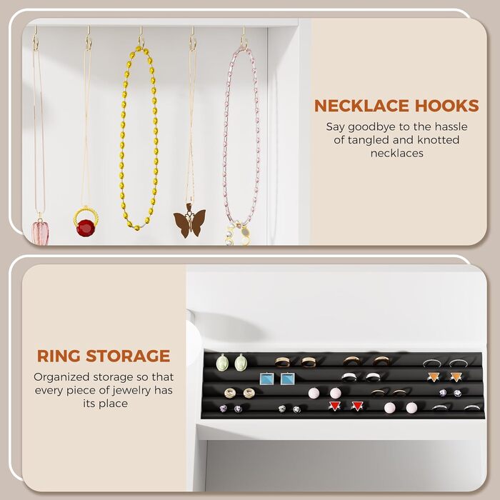 Трюмо BEWISHOME з дзеркалом, регульованою LED-підсвіткою та розетками, 10 шухлядами, 5 полицями, гачками та органайзером для прикрас, сучасний дизайн, білий колір, EFST52W