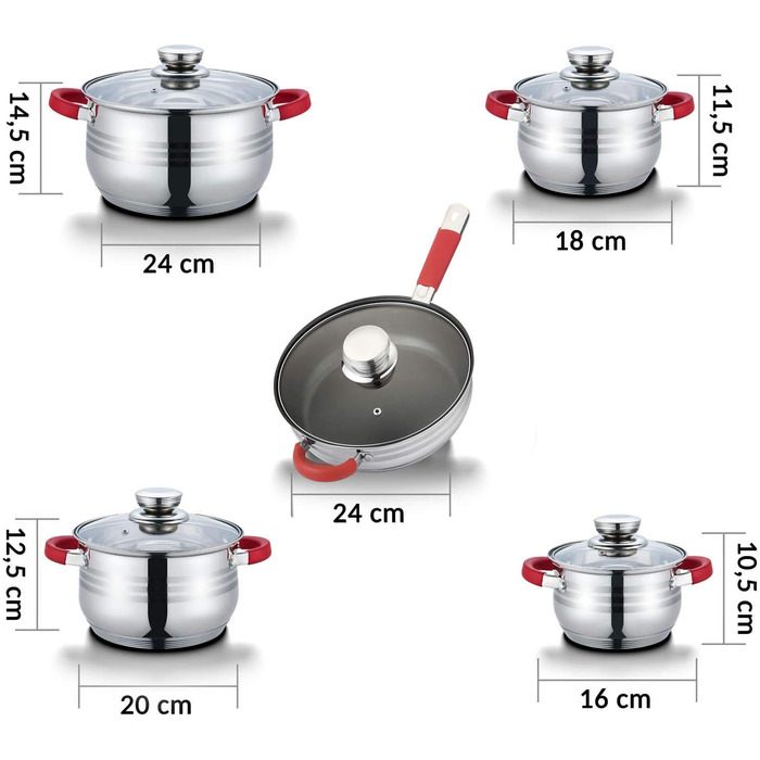 Мелодія 10 шт. Набір індукційних каструль з нержавіючої сталі для всіх типів плит, червоний