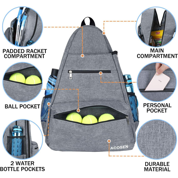 Тенісний рюкзак Acosen-великі жіночі та чоловічі тенісні сумки для тенісних ракеток, ракеток для піклболу, ракеток для бадмінтону, ракеток для сквошу, м'ячів та інших аксесуарів сірого кольору