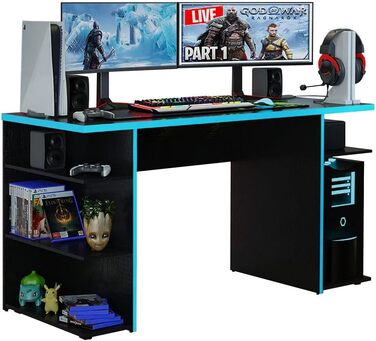 Комп'ютерний стіл Madesa Gaming з 5 полицями, 136x60x75 см, дерево - чорний/синій