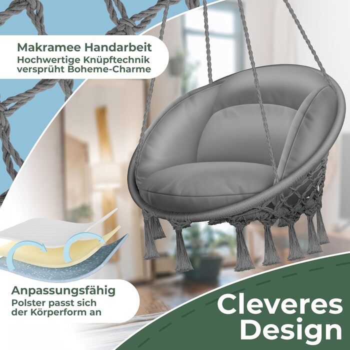 Крісло-гойдалка KESSER® з подушкою - крісло-гойдалка для дорослих та дітей, до 150 кг, для дому та саду, сіре