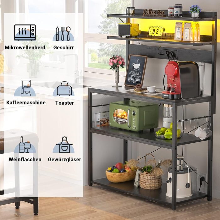 Кухонна полиця-стійка з розеткою, підставка для мікрохвильовки, 5-рівнева кавобар з LED-підсвічуванням, полиця для спецій, каструль та сковороди (80 см, чорний)