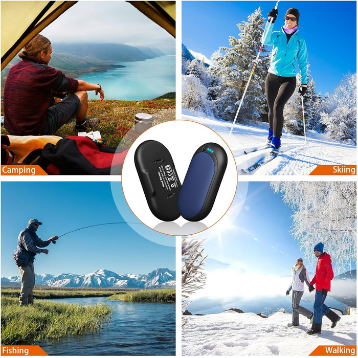 Електричний грієчка для рук, перезаряджається, 2 шт. з акумулятором 6000mAh, USB-кабель, 3 режими нагріву, 20 годин тепла, перезаряджається, для активного відпочинку взимку (чорний, синій)