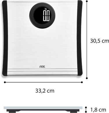 Цифрові ваги для ванної кімнати ADE Toni BE1701, електронні ваги для ванної кімнати з елегантною поверхнею для зважування з герметичного алюмінію, точна вантажопідйомність до 180 кг, включаючи батарейки (1,5 В AAA) сріблястий