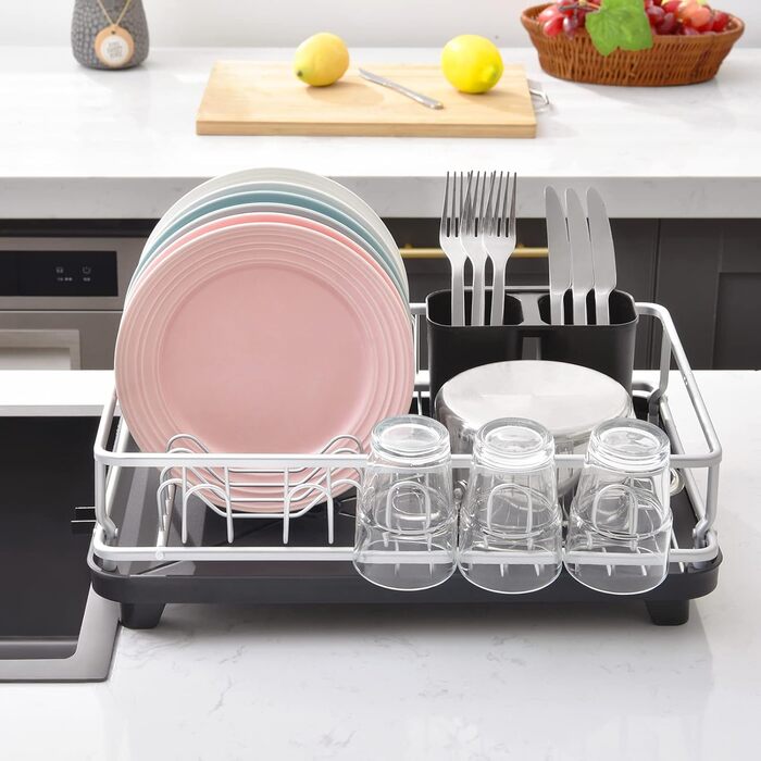 Сушарка APEXCHASER, алюмінієва підставка для посуду, антикорозійна сушарка для посуду, стійка для посуду з напівтримачем для столових приборів, 10 підстаканників, тримач для посуду, поворотний піддон для крапель для кухні