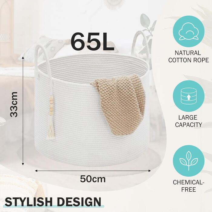 Плетіний кошик для білизни Youdenova 65L - великий кошик для зберігання, плетений кошик для ковдр, іграшок, дитячої кімнати, вітальні