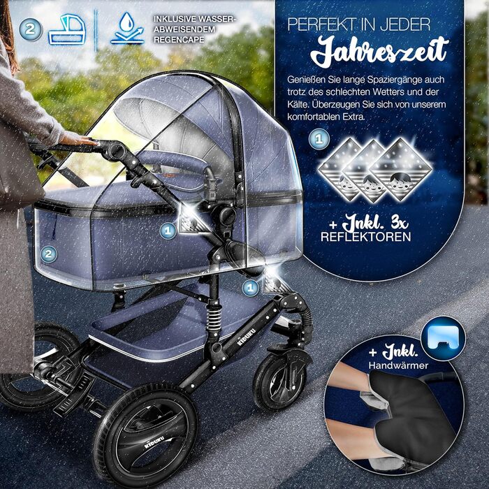 Дитяча коляска KIDUKU® 3 в 1 XXL Комплект | Комбінована коляска з люлькою, прогулянковим блоком та автокріслом | З підставкою для ніг, пеленальною сумкою, підстаканником, захистом від дощу, шинами з повним покриттям, відповідає стандарту ECE R129 (Синій /