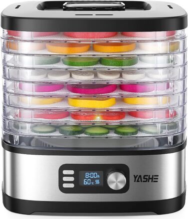 Сушарка для продуктів YASHE 8-ярусна, з регулюванням часу та температури до 72 год, з сітчастими вставками, роликом для фруктів та щипцями з нержавіючої сталі для м'яса, фруктів, овочів, трав, без BPA
