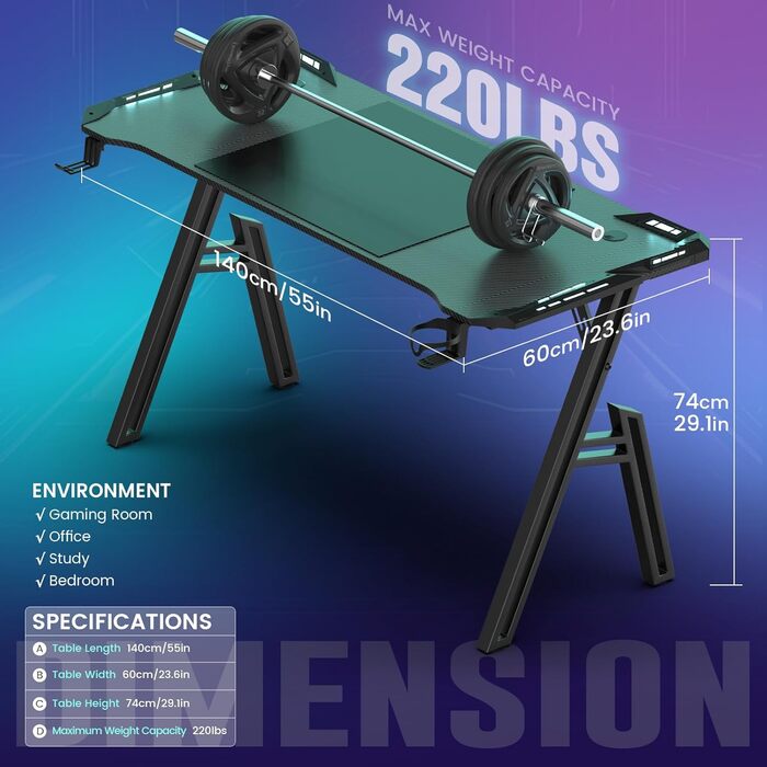 Ігровий стіл Kidsgigglz з LED-підсвічуванням 120x60 см: ергономічний комп'ютерний стіл з тримачем для напоїв та гачком для навушників для дому, офісу, кутовий стіл (140x60 см з рамою)