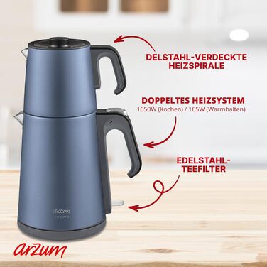 Арзум Ehlikeyf - електрочайник та турка для приготування турецького чаю, 2200W, 3,5л, 1,2л, нержавіюча сталь, регулювання температури, захист від сухого кип'яття, блакитний