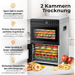 Електрична сушарка для фруктів та овочів Balter з нержавіючої сталі, 12 ярусів, 1100 Вт, 70 л, 12000 см² поверхні сушіння, BPA-free, 35–75 °C, таймер до 72 год, 2 камери