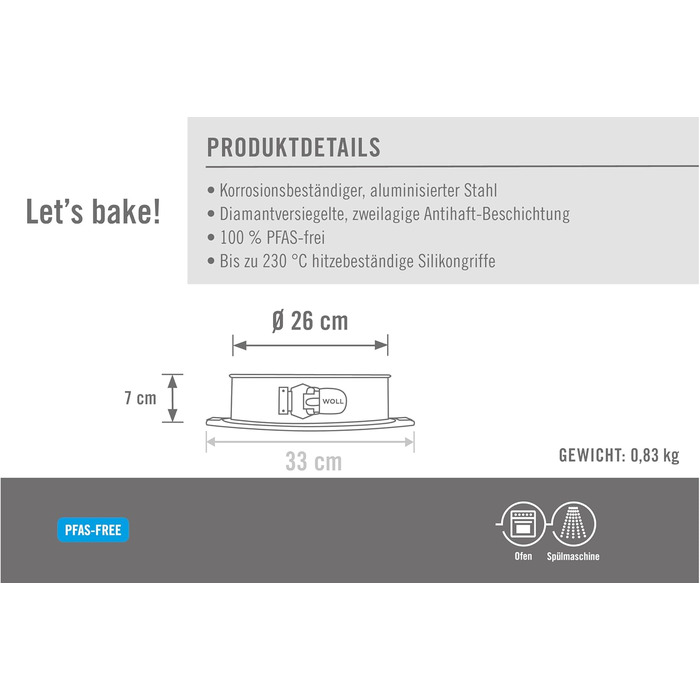 Форма для випічки Woll Springform Ø 26 см - висувна, без PFAS, з антипригарним покриттям та силіконовими ручками, придатна для духовки та мийки, діаметр 26 см, висота 7 см