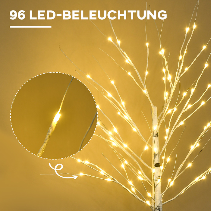 Штучна беріза HOMCOM з LED-підсвіткою, гнучкі гілки, пластик та метал, 150 см, біла