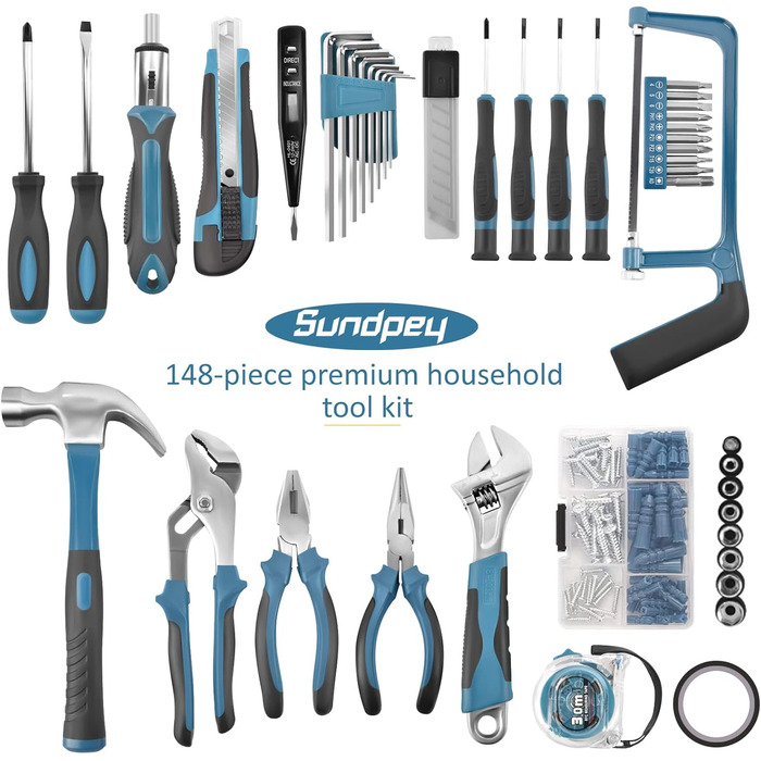 Набір інструментів Sundpey 148 предметів в кейсі: універсальний набір для дому та ремонту з викрутками, ключами, плоскогубцями та тестером напруги (синій)