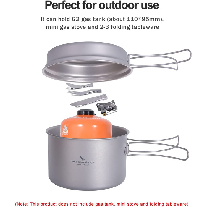 Набір кухонного посуду iBasingo Titan Topf Pfanne Set 1200мл & 500мл: каструля, сковорода, миска для кемпінгу, туризму, приготування їжі на природі. Легкий набір з 2 шт. з розкладним ручками. Ідеально для 1 особи. Ti2110C