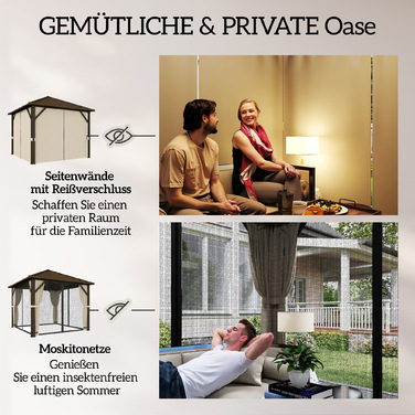 Алюмінієвий павільйон для саду 3х3 м зі сталевим дахом, москітною сіткою та 4 бічними стінками, захист від сонця UPF50+