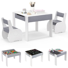 Детский стол со стульями COSTWAY 3 в 1, деревянная мебель для детей 3+, светло-серый, со съемной столешницей и местом для хранения
