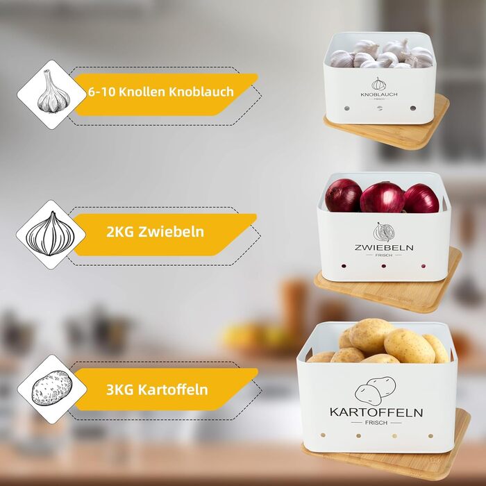 Набір контейнерів для зберігання картоплі, цибулі та часнику - 3 шт. (білий, квадратний)