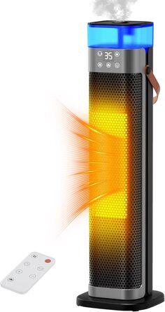 Електричний обігрівач з підігрівом, 2000W, PTC керамічний, з функцією зволоження, пульт дистанційного керування, 75° осциляція, 3 режими підсвічування, ECO-режим, захист від перегріву та перекидання, таймер 12 год