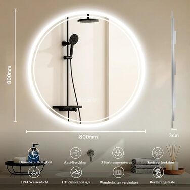 LED дзеркало для ванної кімнати з підсвічуванням 40 x 60 см – Antifog, 3 кольори, регулювання яскравості, подвійний сенсорний вимикач, функція збереження налаштувань при відключенні електроенергії, монтаж горизонтально/вертикально (Round, 80 см)