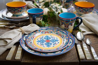 Набір посуду Euro Ceramica Zanzibar Collection, 16 частин, для кухні та їдальні, на 4 особи, з іспанським квітковим візерунком, блакитно-жовтий