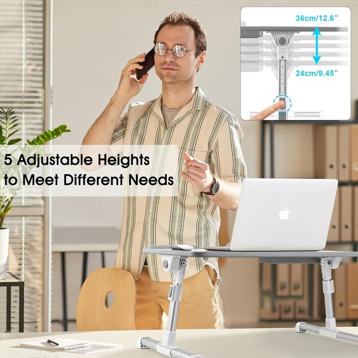 Столик для ноутбука в ліжко, регульований, з ящиком, 60x34 см, бежевий