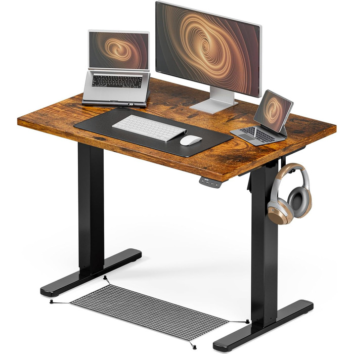 Електричний стіл з регулюванням висоти 120x60 см з функцією пам'яті, для офісу та дому. Білий колір, керування кабелями та гачки.