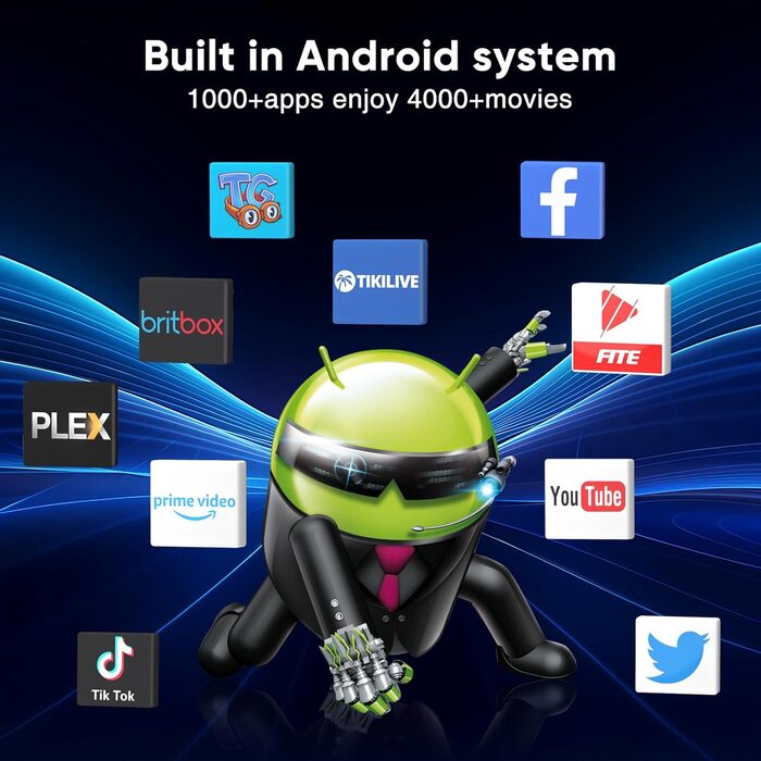 Портативний проєктор Mini Beamer з Android TV, автотрапецеїдна корекція, підтримка 4K 1080P, Bluetooth WiFi6, 160ANSI. Підходить для телефону, TV Stick, ноутбука, кінотеатру вдома та на вулиці.