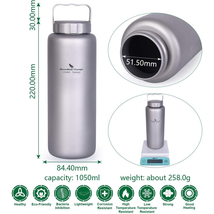 Фляга для води iBasingo 1050 мл, титанова, спортивна, для туризму та кемпінгу, з широким горлом, без витоку, Ti3005D/Ti3006d