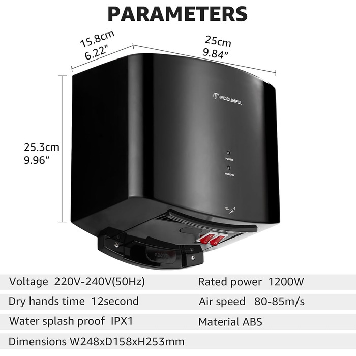 Електричний автоматичний сушар для рук Modunful, настінний, 1200W, чорний