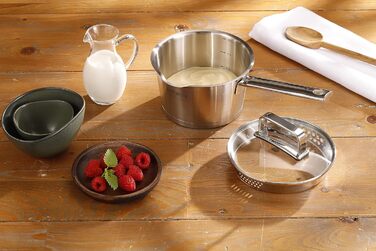 Каструля Meisterkoch з нержавіючої сталі 16 см | з виливом, мірною шкалою та ізольованою ручкою | 1 скляна кришка з дрібним та великим ситом | посуд з нержавіючої сталі, підходить для індукційних плит 16 см