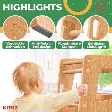 Дитячий навчальний стільчик KIDIZ® для дітей від 1 року | 3-ступеневий, регульована висота, збірка з сосни | Розвиває моторику, Montessori, до 50 кг, антрацит & сосна
