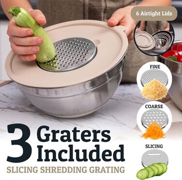 Набір міксерів Priority Chef з кришками, 6 шт. з неслизьким дном, набір міксерів з нержавіючої сталі, 6 герметичних кришок та 3 тертки, блакитний (Getaway Solids) (Хакі)